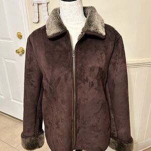 Coaco New York Faux Chocolate Brown Suede With Faux Fur Collar-Cuffs Size Small